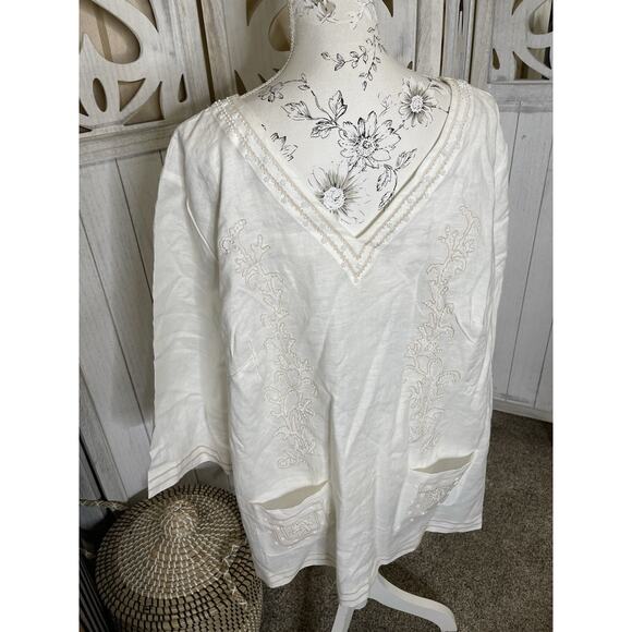 Edward Woman Irish Linen Embroidered Beaded Top Size 3X Clean White - Picture 1 of 6